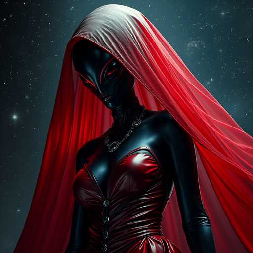 The image depicts an alien figure with a red headdress and a black dress standing against the backdrop of a starry night sky. The figure is wearing a red cape that flows behind them as they move through space.