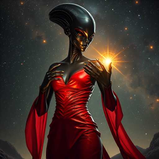 A woman with black hair and red skin stands against a backdrop of stars and planets. She is wearing a red dress that contrasts with the dark night sky behind her. The woman's hands are raised to her face as if she is about to speak or make a gesture.