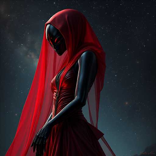 The image depicts a woman wearing a red dress with a hood and holding her hand up to her face as she gazes off into the distance. The background is dark and filled with stars, creating an ethereal atmosphere that complements the woman's attire.