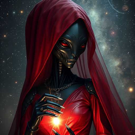 The image depicts an alien figure with a red hood and face, wearing a red dress and holding a small light source. The background is dark blue with stars scattered throughout the sky.