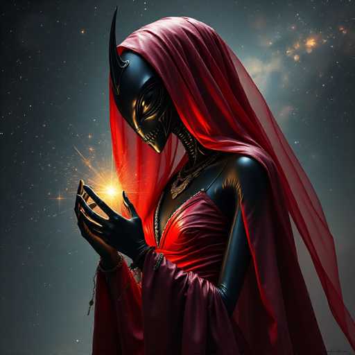 The image depicts an ethereal figure dressed in a vibrant red robe and a black mask with horns, holding a small star above their head against the backdrop of a dark blue sky dotted with stars. The figure is positioned centrally within the frame, drawing the viewer's attention to them.