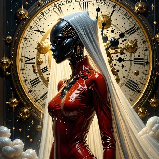 The image depicts a woman wearing a red dress and a white headscarf with black accents, standing in front of a large clock that is adorned with gold balls and Roman numerals. The background features a dark blue sky with clouds.