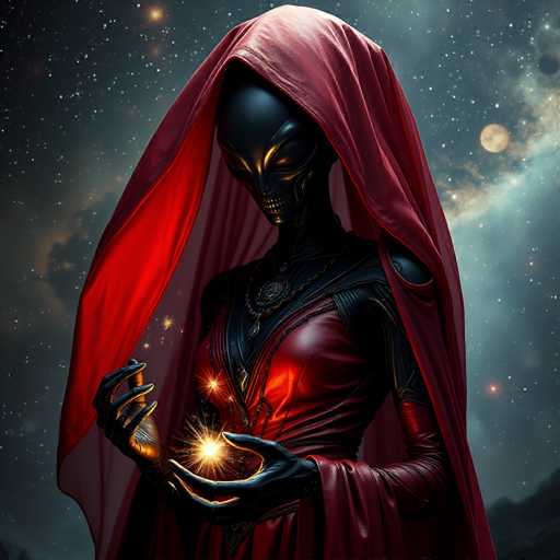 The image depicts an alien figure with a red hood and black skin holding a small golden orb above their head against the backdrop of a starry night sky. The figure is wearing a long red robe that flows down to their feet, adding a sense of grandeur to the scene.