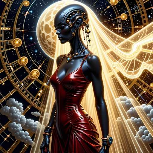 The image depicts a woman with long hair and a red dress standing against the backdrop of a large circular patterned background that features a crescent moon and stars. The woman is positioned centrally in the frame, facing towards the right side of the image.