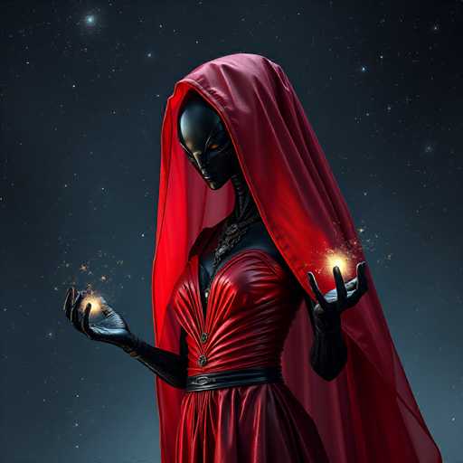 A woman dressed in a red dress with a hood and holding a sparkler is the central figure of this image. The background features a dark blue sky filled with stars, creating an ethereal atmosphere.