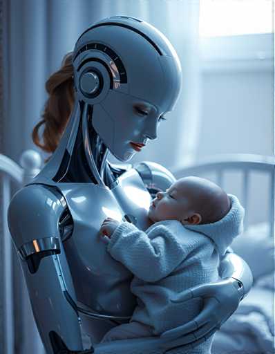 a seductive and highly advanced android nanny delicately holding a human baby. Her skin shimmers in subtle, shimmering colors as it responds to its surroundings, reflecting an aura of empathy and understanding that's both reassuring and unnerving at the same time, all amidst a tranquil nursery bathed in soft blue light.Steps: 5, Sampler: Euler A Trailing, Guidance Scale: 1.0, Seed: 2334688574, Size: 896x1152, Model: flux_1_schnell_q5p.ckpt, Strength: 1.0, Seed Mode: Scale Alike, Upscaler: realesrgan_x2plus_f16.ckpt