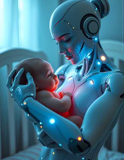 a seductive and highly advanced android nanny tenderly holding a human baby in her arms. Her skin glows with subtle, shimmering colours in response to her surroundings, reflecting an aura of empathy and understanding that is both reassuring and unsettling, all set in a peaceful nursery bathed in soft blue light.Steps: 5, Sampler: DPM++ 2M AYS, Guidance Scale: 1.0, Seed: 770111849, Size: 896x1152, Model: flux_1_schnell_q5p.ckpt, Strength: 1.0, Seed Mode: Scale Alike, Upscaler: realesrgan_x2plus_f16.ckpt