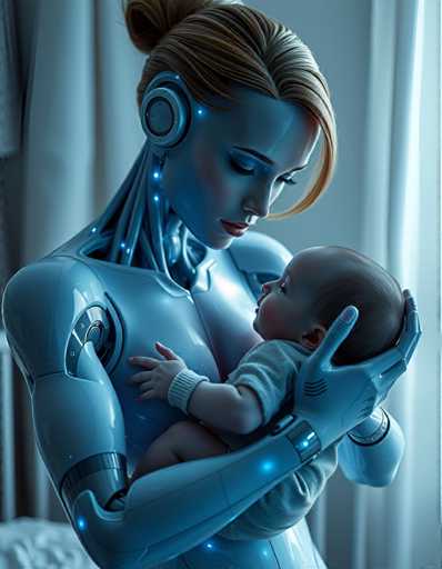 a seductive and highly advanced android nanny tenderly holding a human baby in her arms. Her skin glows with subtle, shimmering colours in response to her surroundings, reflecting an aura of empathy and understanding that is both reassuring and unsettling, all set in a peaceful nursery bathed in soft blue light.Steps: 5, Sampler: DPM++ 2M AYS, Guidance Scale: 1.0, Seed: 1254462478, Size: 896x1152, Model: flux_1_schnell_q5p.ckpt, Strength: 1.0, Seed Mode: Scale Alike, Upscaler: realesrgan_x2plus_f16.ckpt