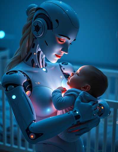 a seductive and highly advanced android nanny tenderly holding a human baby in her arms. Her skin glows with subtle, shimmering colours in response to her surroundings, reflecting an aura of empathy and understanding that is both reassuring and unsettling, all set in a peaceful nursery bathed in soft blue light.Steps: 5, Sampler: DPM++ 2M AYS, Guidance Scale: 1.0, Seed: 1224370690, Size: 896x1152, Model: flux_1_schnell_q5p.ckpt, Strength: 1.0, Seed Mode: Scale Alike, Upscaler: realesrgan_x2plus_f16.ckpt