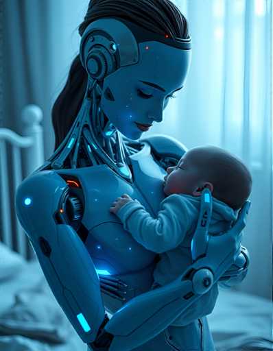 a seductive and highly advanced android nanny tenderly holding a human baby in her arms. Her skin glows with subtle, shimmering colours in response to her surroundings, reflecting an aura of empathy and understanding that is both reassuring and unsettling, all set in a peaceful nursery bathed in soft blue light.Steps: 5, Sampler: DPM++ 2M AYS, Guidance Scale: 1.0, Seed: 2924463915, Size: 896x1152, Model: flux_1_schnell_q5p.ckpt, Strength: 1.0, Seed Mode: Scale Alike, Upscaler: realesrgan_x2plus_f16.ckpt