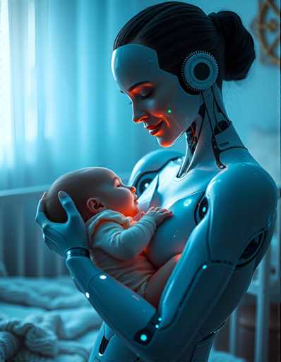 a seductive and highly advanced android nanny tenderly holding a human baby in her arms. Her skin glows with subtle, shimmering colours in response to her surroundings, reflecting an aura of empathy and understanding that is both reassuring and unsettling, all set in a peaceful nursery bathed in soft blue light.Steps: 5, Sampler: DPM++ 2M AYS, Guidance Scale: 1.0, Seed: 2214265790, Size: 896x1152, Model: flux_1_schnell_q5p.ckpt, Strength: 1.0, Seed Mode: Scale Alike, Upscaler: realesrgan_x2plus_f16.ckpt