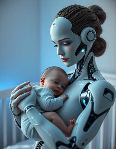 a seductive and highly advanced android nanny tenderly holding a human baby in her arms. Her skin glows with subtle, shimmering colours in response to her surroundings, reflecting an aura of empathy and understanding that is both reassuring and unsettling, all set in a peaceful nursery bathed in soft blue light.Steps: 5, Sampler: DPM++ 2M AYS, Guidance Scale: 1.0, Seed: 2446368129, Size: 896x1152, Model: flux_1_schnell_q5p.ckpt, Strength: 1.0, Seed Mode: Scale Alike, Upscaler: realesrgan_x2plus_f16.ckpt