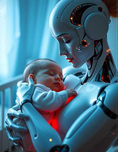 a seductive and highly advanced android nanny tenderly holding a human baby in her arms. Her skin glows with subtle, shimmering colours in response to her surroundings, reflecting an aura of empathy and understanding that is both reassuring and unsettling, all set in a peaceful nursery bathed in soft blue light.Steps: 5, Sampler: DPM++ 2M AYS, Guidance Scale: 1.0, Seed: 3198810202, Size: 896x1152, Model: flux_1_schnell_q5p.ckpt, Strength: 1.0, Seed Mode: Scale Alike, Upscaler: realesrgan_x2plus_f16.ckpt