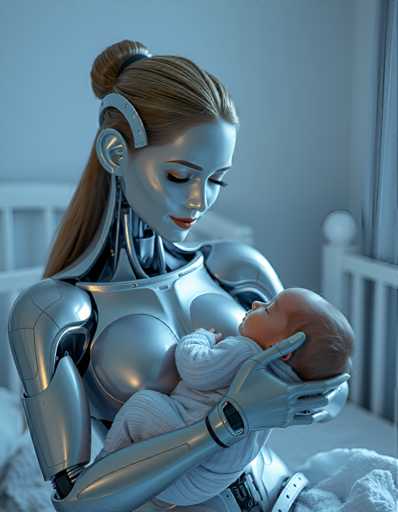 a seductive and highly advanced android nanny delicately holding a human baby. Her skin shimmers in subtle, shimmering colors as it responds to its surroundings, reflecting an aura of empathy and understanding that's both reassuring and unnerving at the same time, all amidst a tranquil nursery bathed in soft blue light.Steps: 5, Sampler: Euler A Trailing, Guidance Scale: 1.0, Seed: 2585556692, Size: 896x1152, Model: flux_1_schnell_q5p.ckpt, Strength: 1.0, Seed Mode: Scale Alike, Upscaler: realesrgan_x2plus_f16.ckpt