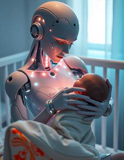 a seductive and highly advanced android nanny tenderly holding a human baby in her arms. Her skin glows with subtle, shimmering colours in response to her surroundings, reflecting an aura of empathy and understanding that is both reassuring and unsettling, all set in a peaceful nursery bathed in soft blue light.Steps: 5, Sampler: DPM++ 2M AYS, Guidance Scale: 1.0, Seed: 1131916034, Size: 896x1152, Model: flux_1_schnell_q5p.ckpt, Strength: 1.0, Seed Mode: Scale Alike, Upscaler: realesrgan_x2plus_f16.ckpt