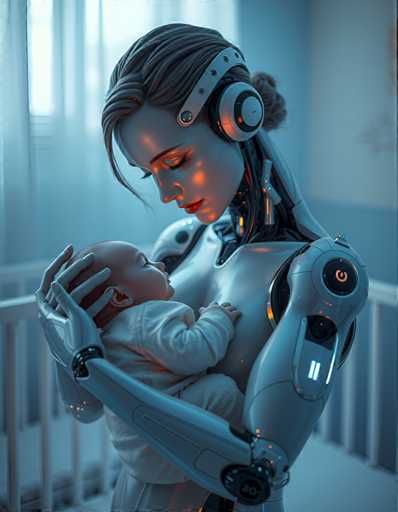 a seductive and highly advanced android nanny delicately holding a human baby. Her skin shimmers in subtle, shimmering colors as it responds to its surroundings, reflecting an aura of empathy and understanding that's both reassuring and unnerving at the same time, all amidst a tranquil nursery bathed in soft blue light.Steps: 5, Sampler: Euler A Trailing, Guidance Scale: 1.0, Seed: 109081274, Size: 896x1152, Model: flux_1_schnell_q5p.ckpt, Strength: 1.0, Seed Mode: Scale Alike, Upscaler: realesrgan_x2plus_f16.ckpt