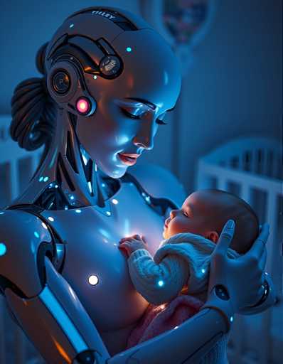 a seductive and highly advanced android nanny tenderly holding a human baby in her arms. Her skin glows with subtle, shimmering colours in response to her surroundings, reflecting an aura of empathy and understanding that is both reassuring and unsettling, all set in a peaceful nursery bathed in soft blue light.Steps: 5, Sampler: DPM++ 2M AYS, Guidance Scale: 1.0, Seed: 1715678911, Size: 896x1152, Model: flux_1_schnell_q5p.ckpt, Strength: 1.0, Seed Mode: Scale Alike, Upscaler: realesrgan_x2plus_f16.ckpt