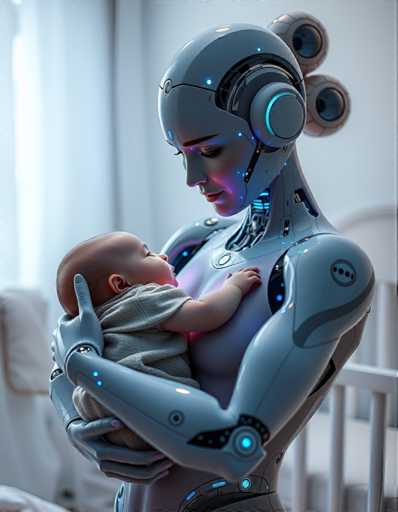 a seductive and highly advanced android nanny tenderly holding a human baby in her arms. Her skin glows with subtle, shimmering colours in response to her surroundings, reflecting an aura of empathy and understanding that is both reassuring and unsettling, all set in a peaceful nursery bathed in soft blue light.Steps: 5, Sampler: DPM++ 2M AYS, Guidance Scale: 1.0, Seed: 502744237, Size: 896x1152, Model: flux_1_schnell_q5p.ckpt, Strength: 1.0, Seed Mode: Scale Alike, Upscaler: realesrgan_x2plus_f16.ckpt