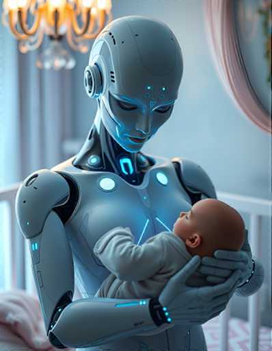 a seductive and highly advanced android nanny tenderly holding a human baby in her arms. Her skin glows with subtle, shimmering colours in response to her surroundings, reflecting an aura of empathy and understanding that is both reassuring and unsettling, all set in a peaceful nursery bathed in soft blue light.Steps: 5, Sampler: DPM++ 2M AYS, Guidance Scale: 1.0, Seed: 3638731592, Size: 896x1152, Model: flux_1_schnell_q5p.ckpt, Strength: 1.0, Seed Mode: Scale Alike, Upscaler: realesrgan_x2plus_f16.ckpt