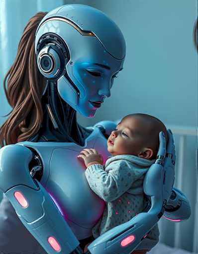 a seductive and highly advanced android nanny tenderly holding a human baby in her arms. Her skin glows with subtle, shimmering colours in response to her surroundings, reflecting an aura of empathy and understanding that is both reassuring and unsettling, all set in a peaceful nursery bathed in soft blue light.Steps: 5, Sampler: DPM++ 2M AYS, Guidance Scale: 1.0, Seed: 2064052194, Size: 896x1152, Model: flux_1_schnell_q5p.ckpt, Strength: 1.0, Seed Mode: Scale Alike, Upscaler: realesrgan_x2plus_f16.ckpt