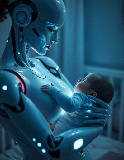 a seductive and highly advanced android nanny tenderly holding a human baby in her arms. Her skin glows with subtle, shimmering colours in response to her surroundings, reflecting an aura of empathy and understanding that is both reassuring and unsettling, all set in a peaceful nursery bathed in soft blue light.Steps: 3, Sampler: Euler A Trailing, Guidance Scale: 1.0, Seed: 3028228206, Size: 896x1152, Model: flux_1_schnell_q5p.ckpt, Strength: 1.0, Seed Mode: Scale Alike, Upscaler: realesrgan_x2plus_f16.ckpt