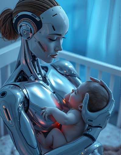 a seductive and highly advanced android nanny delicately holding a human baby. Her skin shimmers in subtle, shimmering colors as it responds to its surroundings, reflecting an aura of empathy and understanding that's both reassuring and unnerving at the same time, all amidst a tranquil nursery bathed in soft blue light.Steps: 5, Sampler: Euler A Trailing, Guidance Scale: 1.0, Seed: 3662987238, Size: 896x1152, Model: flux_1_schnell_q5p.ckpt, Strength: 1.0, Seed Mode: Scale Alike, Upscaler: realesrgan_x2plus_f16.ckpt