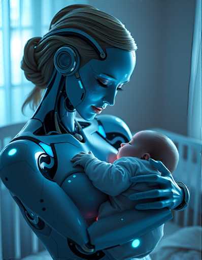 a seductive and highly advanced android nanny tenderly holding a human baby in her arms. Her skin glows with subtle, shimmering colours in response to her surroundings, reflecting an aura of empathy and understanding that is both reassuring and unsettling, all set in a peaceful nursery bathed in soft blue light.Steps: 5, Sampler: DPM++ 2M AYS, Guidance Scale: 1.0, Seed: 3952992904, Size: 896x1152, Model: flux_1_schnell_q5p.ckpt, Strength: 1.0, Seed Mode: Scale Alike, Upscaler: realesrgan_x2plus_f16.ckpt