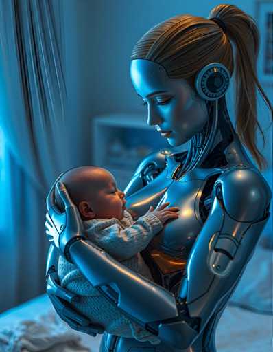 a seductive and highly advanced android nanny delicately holding a human baby. Her skin shimmers in subtle, shimmering colors as it responds to its surroundings, reflecting an aura of empathy and understanding that's both reassuring and unnerving at the same time, all amidst a tranquil nursery bathed in soft blue light.Steps: 5, Sampler: Euler A Trailing, Guidance Scale: 1.0, Seed: 305261809, Size: 896x1152, Model: flux_1_schnell_q5p.ckpt, Strength: 1.0, Seed Mode: Scale Alike, Upscaler: realesrgan_x2plus_f16.ckpt