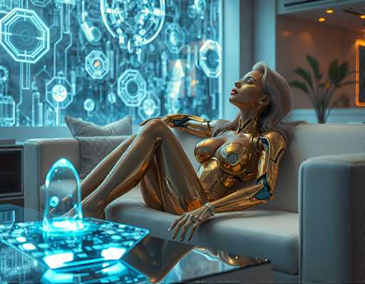 A seductive blonde cyborg woman with a gold exoskeleton, lounging on a sleek white couch amidst a futuristic living room filled with holographic art pieces that float above the floor. The soft hum of machinery fills the air as she looks up at something only she can see, her expression unreadable behind a mask of golden skin.Steps: 3, Sampler: Euler A Trailing, Guidance Scale: 1.0, Seed: 2273778948, Size: 1152x896, Model: flux_1_schnell_q5p.ckpt, Strength: 1.0, Seed Mode: Scale Alike, Upscaler: realesrgan_x2plus_f16.ckpt