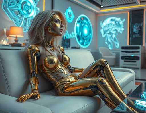 A seductive blonde cyborg woman with a gold exoskeleton, lounging on a sleek white couch amidst a futuristic living room filled with holographic art pieces that float above the floor. The soft hum of machinery fills the air as she looks up at something only she can see, her expression unreadable behind a mask of golden skin.Steps: 3, Sampler: Euler A Trailing, Guidance Scale: 1.0, Seed: 623792078, Size: 1152x896, Model: flux_1_schnell_q5p.ckpt, Strength: 1.0, Seed Mode: Scale Alike, Upscaler: realesrgan_x2plus_f16.ckpt