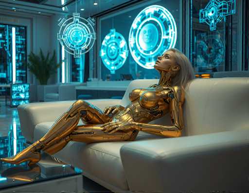 A seductive blonde cyborg woman with a gold exoskeleton, lounging on a sleek white couch amidst a futuristic living room filled with holographic art pieces that float above the floor. The soft hum of machinery fills the air as she looks up at something only she can see, her expression unreadable behind a mask of golden skin.Steps: 3, Sampler: Euler A Trailing, Guidance Scale: 1.0, Seed: 1811948889, Size: 1152x896, Model: flux_1_schnell_q5p.ckpt, Strength: 1.0, Seed Mode: Scale Alike, Upscaler: realesrgan_x2plus_f16.ckpt