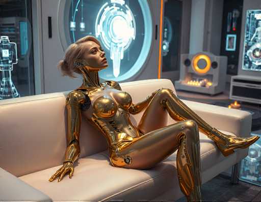 A seductive blonde cyborg woman with a gold exoskeleton, lounging on a sleek white couch amidst a futuristic living room filled with holographic art pieces that float above the floor. The soft hum of machinery fills the air as she looks up at something only she can see, her expression unreadable behind a mask of golden skin.Steps: 3, Sampler: Euler A Trailing, Guidance Scale: 1.0, Seed: 2659386081, Size: 1152x896, Model: flux_1_schnell_q5p.ckpt, Strength: 1.0, Seed Mode: Scale Alike, Upscaler: realesrgan_x2plus_f16.ckpt