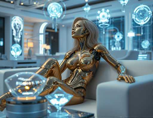 A seductive blonde cyborg woman with a gold exoskeleton, lounging on a sleek white couch amidst a futuristic living room filled with holographic art pieces that float above the floor. The soft hum of machinery fills the air as she looks up at something only she can see, her expression unreadable behind a mask of golden skin.Steps: 3, Sampler: Euler A Trailing, Guidance Scale: 1.0, Seed: 935735675, Size: 1152x896, Model: flux_1_schnell_q5p.ckpt, Strength: 1.0, Seed Mode: Scale Alike, Upscaler: realesrgan_x2plus_f16.ckpt