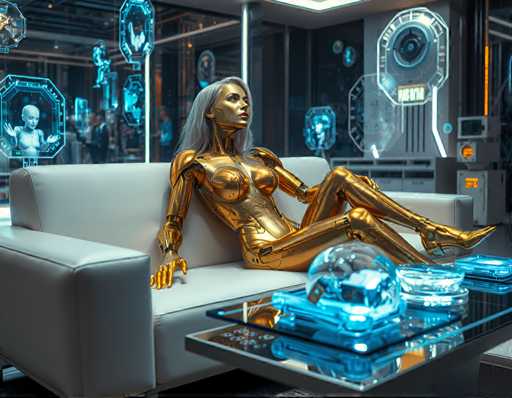 A seductive blonde cyborg woman with a gold exoskeleton, lounging on a sleek white couch amidst a futuristic living room filled with holographic art pieces that float above the floor. The soft hum of machinery fills the air as she looks up at something only she can see, her expression unreadable behind a mask of golden skin.Steps: 3, Sampler: Euler A Trailing, Guidance Scale: 1.0, Seed: 4215574298, Size: 1152x896, Model: flux_1_schnell_q5p.ckpt, Strength: 1.0, Seed Mode: Scale Alike, Upscaler: realesrgan_x2plus_f16.ckpt