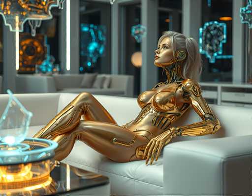 A seductive blonde cyborg woman with a gold exoskeleton, lounging on a sleek white couch amidst a futuristic living room filled with holographic art pieces that float above the floor. The soft hum of machinery fills the air as she looks up at something only she can see, her expression unreadable behind a mask of golden skin.Steps: 3, Sampler: Euler A Trailing, Guidance Scale: 1.0, Seed: 1138558443, Size: 1152x896, Model: flux_1_schnell_q5p.ckpt, Strength: 1.0, Seed Mode: Scale Alike, Upscaler: realesrgan_x2plus_f16.ckpt