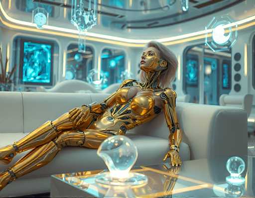 A seductive blonde cyborg woman with a gold exoskeleton, lounging on a sleek white couch amidst a futuristic living room filled with holographic art pieces that float above the floor. The soft hum of machinery fills the air as she looks up at something only she can see, her expression unreadable behind a mask of golden skin.Steps: 3, Sampler: Euler A Trailing, Guidance Scale: 1.0, Seed: 1482871424, Size: 1152x896, Model: flux_1_schnell_q5p.ckpt, Strength: 1.0, Seed Mode: Scale Alike, Upscaler: realesrgan_x2plus_f16.ckpt