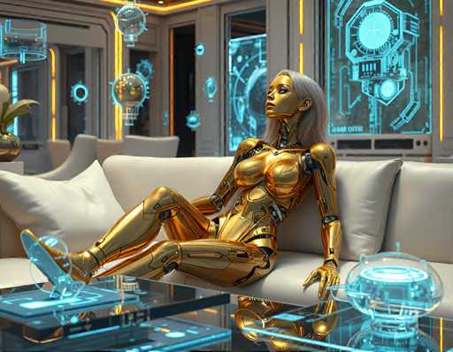 A seductive blonde cyborg woman with a gold exoskeleton, lounging on a sleek white couch amidst a futuristic living room filled with holographic art pieces that float above the floor. The soft hum of machinery fills the air as she looks up at something only she can see, her expression unreadable behind a mask of golden skin.Steps: 3, Sampler: Euler A Trailing, Guidance Scale: 1.0, Seed: 3086626415, Size: 1152x896, Model: flux_1_schnell_q5p.ckpt, Strength: 1.0, Seed Mode: Scale Alike, Upscaler: realesrgan_x2plus_f16.ckpt