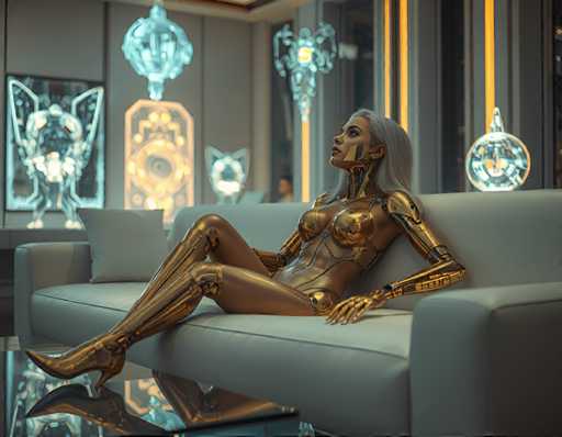 A seductive blonde cyborg woman with a gold exoskeleton, lounging on a sleek white couch amidst a futuristic living room filled with holographic art pieces that float above the floor. The soft hum of machinery fills the air as she looks up at something only she can see, her expression unreadable behind a mask of golden skin.Steps: 3, Sampler: Euler A Trailing, Guidance Scale: 1.0, Seed: 284990075, Size: 1152x896, Model: flux_1_schnell_q5p.ckpt, Strength: 1.0, Seed Mode: Scale Alike, Upscaler: realesrgan_x2plus_f16.ckpt