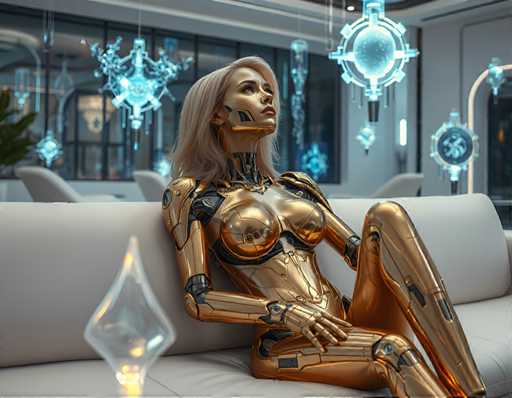 A seductive blonde cyborg woman with a gold exoskeleton, lounging on a sleek white couch amidst a futuristic living room filled with holographic art pieces that float above the floor. The soft hum of machinery fills the air as she looks up at something only she can see, her expression unreadable behind a mask of golden skin.Steps: 3, Sampler: Euler A Trailing, Guidance Scale: 1.0, Seed: 2234973119, Size: 1152x896, Model: flux_1_schnell_q5p.ckpt, Strength: 1.0, Seed Mode: Scale Alike, Upscaler: realesrgan_x2plus_f16.ckpt