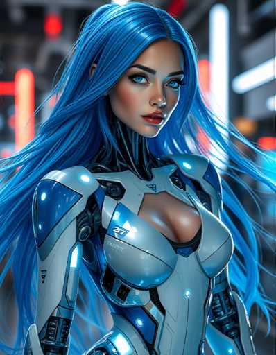 The image shows a woman with blue hair and a futuristic outfit standing against a dark background. The woman is positioned centrally within the frame, facing towards the right side of the image. Her attire consists of a white bodysuit adorned with silver accents, including a helmet that has a large visor. The background features a series of red lights arranged in a grid-like pattern, creating an urban and futuristic atmosphere.