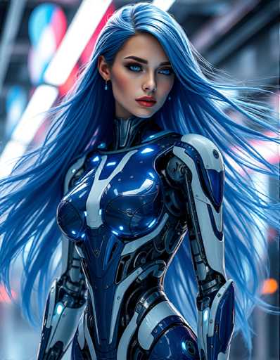 A woman with long blue hair is standing against a backdrop of neon lights and a building. She is wearing a futuristic blue suit that has silver accents on the chest and legs. The lighting from the neon lights casts an ethereal glow around her, creating a sense of depth in the image.