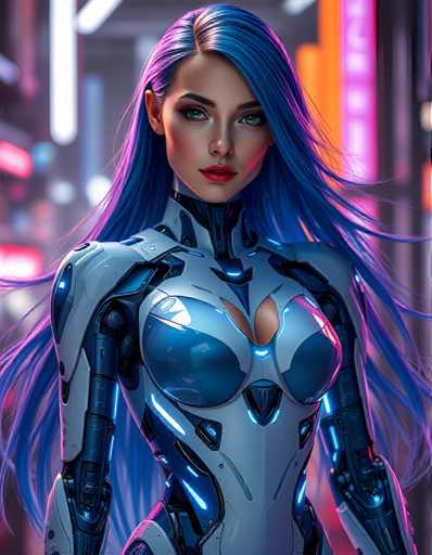 A woman with long blue hair is standing against a backdrop of neon lights and buildings, wearing a futuristic bodysuit that features a metallic sheen and a large cutout on the chest area. The image does not contain any discernible text or other objects.