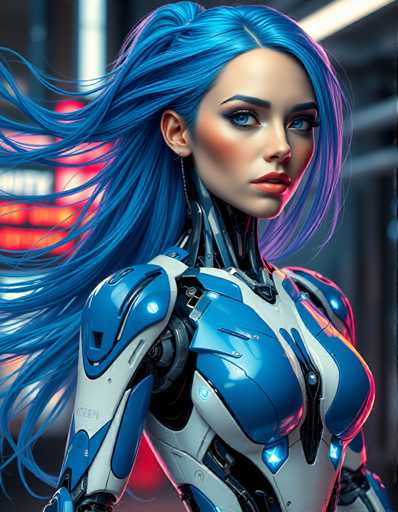 A stunning cyborg woman with long blue hair flowing elegantly behind her. Her robotic body features intricate blue and white panels with glowing accents that give her a sleek, futuristic look. The fusion of organic and mechanical elements is seamless, with metallic components visible along her limbs and torso, complementing her natural facial features. Her eyes emit a subtle glow, enhancing her cybernetic presence. The setting could be an advanced cityscape or laboratory, with neon lights reflecting off her polished surface, emphasizing the vibrant blue and white color scheme.Steps: 3, Sampler: DPM++ 2M AYS, Guidance Scale: 3.5, Seed: 1825209153, Size: 896x1152, Model: flux_1_schnell_q5p.ckpt, Strength: 1.0, Seed Mode: Scale Alike, Upscaler: realesrgan_x2plus_f16.ckpt