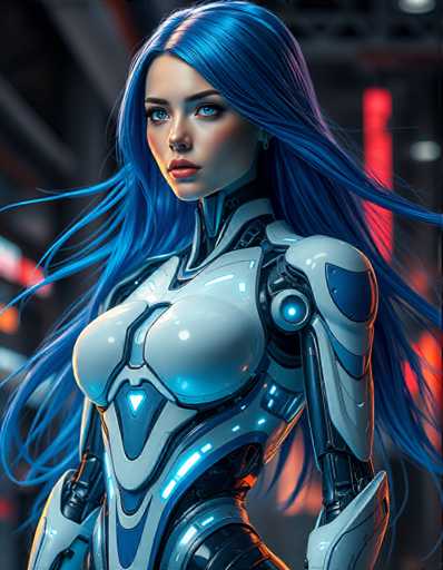 A woman with long blue hair is depicted wearing a futuristic white and blue suit that has a large circular emblem on the chest area. The background features a cityscape with buildings of varying heights and colors, including red and orange lights.