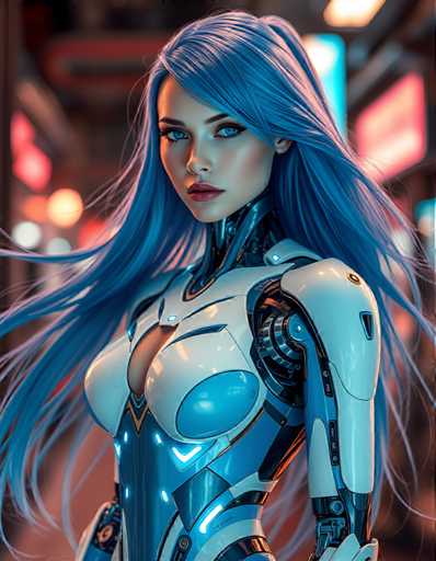 A woman with long blue hair is standing against a city backdrop at night. She's dressed in a futuristic white and blue suit that has a metallic sheen, giving it an otherworldly appearance. The background features neon lights from various buildings, creating a vibrant and dynamic urban atmosphere.