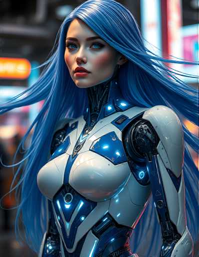 A woman with long blue hair is depicted wearing a futuristic bodysuit that blends blue and white colors. The bodysuit features a metallic sheen and includes arms and legs designed to resemble humanoid limbs. She stands in front of a building with neon lights, suggesting an urban setting.