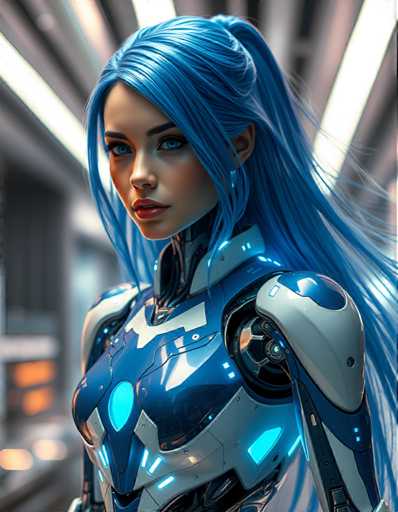 A woman with blue hair is standing against a white background and looking directly at the camera. She is wearing a futuristic blue suit that has glowing lights on it.