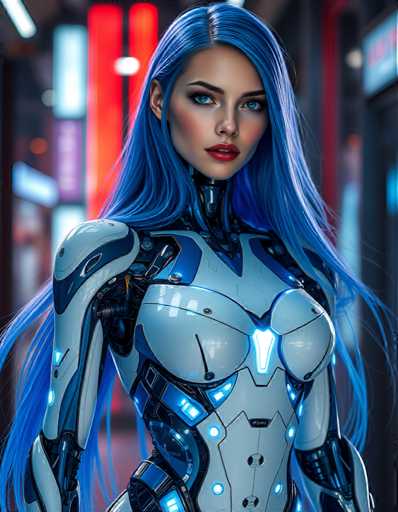 A woman with long blue hair is standing against a backdrop of neon lights and signs, wearing a futuristic white suit that features glowing blue lights on the chest area.