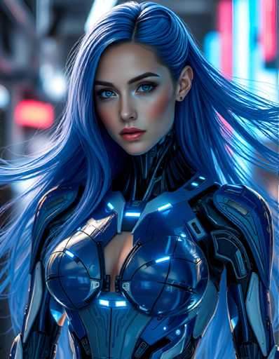 The image shows a close-up portrait of a woman with long blue hair styled in loose waves. She is wearing a futuristic blue suit that has a metallic sheen and features a large cutout on the chest area. The background is dark and blurred, suggesting an urban setting or cityscape.