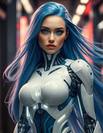 A woman with blue hair is standing in front of a white building and wearing a futuristic outfit that includes a helmet and gloves.